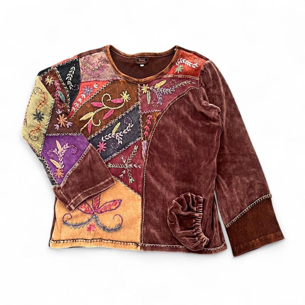Y2K Hippie Boho Rising International Embroidered Patchwork Pocket Top
